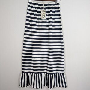 Sado Girls Size 12 Navy Blue White Striped Ruffle Hem Maxi Skirt Cotton Blend